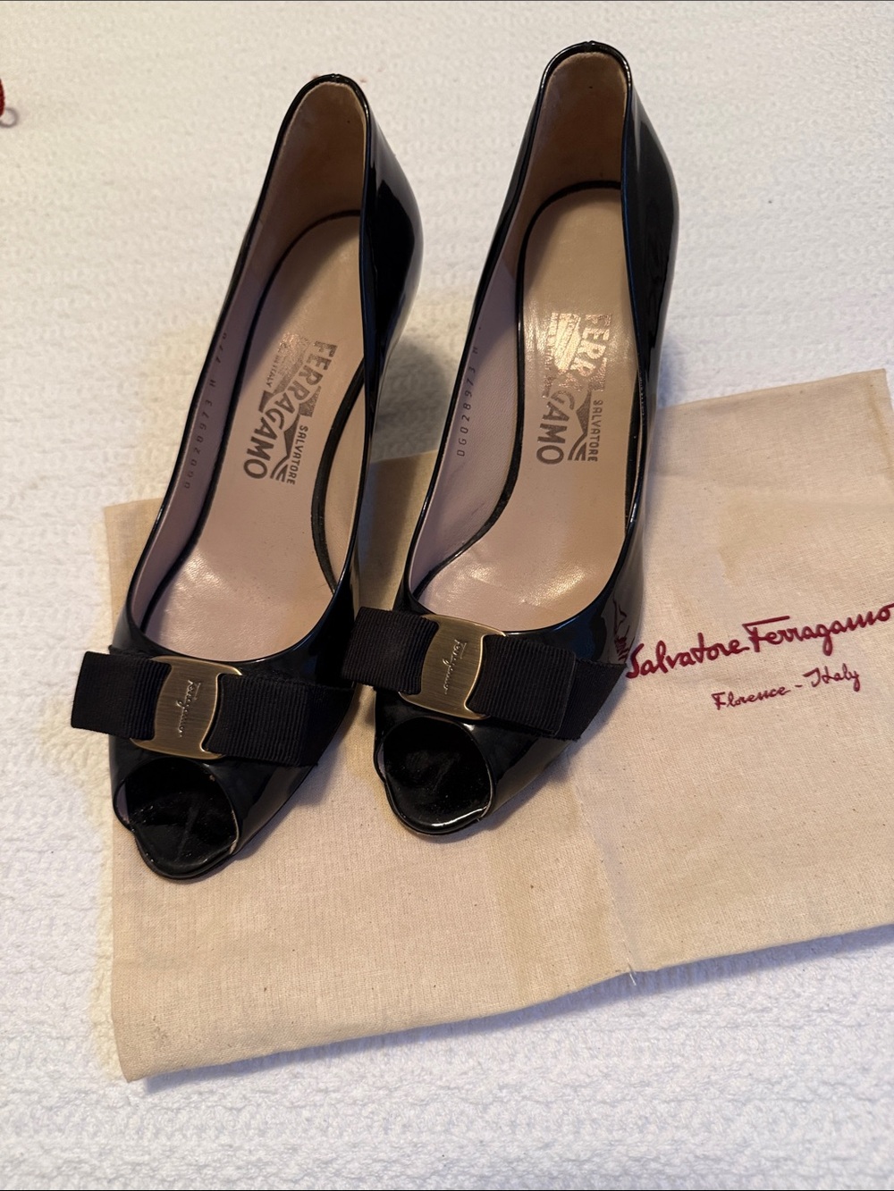 Salvatore Ferragamo Black Patent Peep-Toe Pumps with Grosgrain Vara Bow